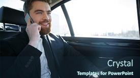  Presentation with car business - PPT theme with smiling bearded business man talking on cell phone and sitting in the back of the car background and a navy blue colored foreground