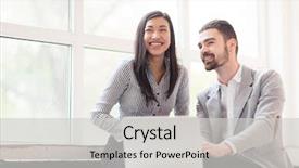  Presentation with joint - Presentation design consisting of smiling bearded businessman and his asian colleague looking away while sitting at office table and discussing their joint project waist-up portrait background and a light gray colored foreground