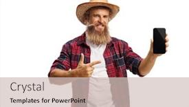  Presentation with smartphone - PPT layouts consisting of smiling-bearded-farmer-holding background and a soft green colored foreground