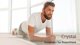 Presentation with exercises - Amazing PPT theme having smiling bearded man doing plank exercises over window background at home backdrop and a coral colored foreground