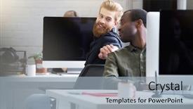  Presentation with attention - Slide set enhanced with smiling bearded man getting attention background and a light blue colored foreground