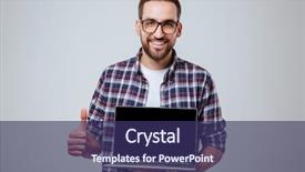  Presentation with laptop blank screen - Cool new presentation design with smiling bearded man in eyeglasses which showing blank laptop screen and thumb up while looking at camera isolated gray background backdrop and a violet colored foreground