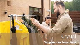  Presentation with yard sale - Presentation design enhanced with smiling-bearded-man-in-shirt background and a coral colored foreground