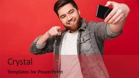  Presentation with egyptian man in make up - Audience pleasing slides consisting of smiling bearded man making selfie backdrop and a  colored foreground