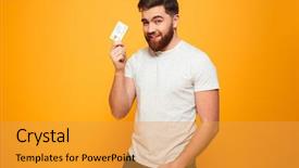  Presentation with credit card - Beautiful PPT layouts featuring smiling bearded man showing credit backdrop and a gold colored foreground