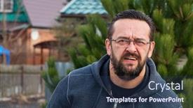  Presentation with weather - PPT theme featuring smiling-bearded-mature-man-stands background and a ocean colored foreground