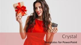  Presentation with credit card - Audience pleasing presentation theme consisting of smiling-beautiful-brunette-girl-posing backdrop and a red colored foreground