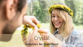  Presentation with dandelion - PPT theme with smiling-beautiful-girl-assisting-boyfriend background and a coral colored foreground