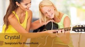  Presentation with music folk instrument - Slides consisting of smiling beautiful music teacher tutoring background and a gold colored foreground