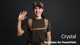  Presentation with black hand - Slide deck having smiling-beautiful-soldier-woman background and a dark gray colored foreground