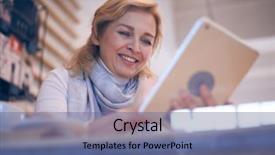  Presentation with tablet - Beautiful slide set featuring smiling beautiful woman using tablet backdrop and a  colored foreground