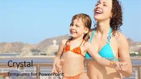  Presentation with cruise ship - PPT theme featuring smiling beautiful woman with her daughter is standing on deck of cruise ship and looking away background and a coral colored foreground