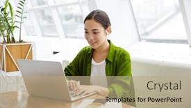  Presentation with young business woman smile show - Theme with smiling-beautiful-young-asian-woman background and a coral colored foreground