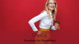  Presentation with takeaway coffee - Colorful presentation enhanced with smiling beautiful young blonde woman standing isolated over red background holding takeaway coffee cup backdrop and a crimson colored foreground