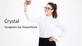  Presentation with cell - Colorful PPT theme enhanced with smiling beautiful young business woman in glasses making selfie using cell phone over white background backdrop and a sky blue colored foreground