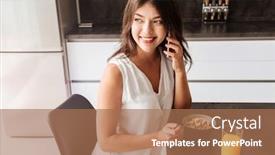  Presentation with breakfast - Slides having smiling beautiful young woman having breakfast and talking on mobile phone on the kitchen background and a coral colored foreground