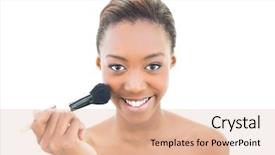  Presentation with beauty makeup - Colorful theme enhanced with smiling beauty applying makeup on white background backdrop and a lemonade colored foreground