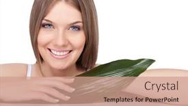  Presentation with green beauty - PPT theme with smiling beauty young woman with green leaf isolated on white background background and a coral colored foreground