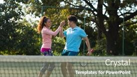  Presentation with shaking hands - Slide deck having smiling-biracial-couple-playing-tennis background and a gray colored foreground