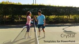  Presentation with hobbies - PPT theme having smiling-biracial-couple-playing-tennis background and a coral colored foreground