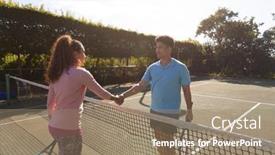  Presentation with shaking hands - Slides featuring smiling-biracial-couple-playing-tennis background and a coral colored foreground