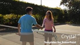  Presentation with shaking hands - PPT layouts consisting of smiling-biracial-couple-playing-tennis background and a coral colored foreground