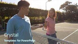  Presentation with tennis - PPT theme consisting of smiling-biracial-couple-playing-tennis background and a ocean colored foreground