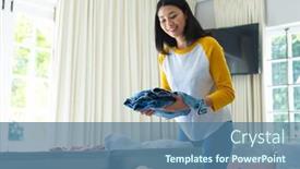  Presentation with time travel - Presentation theme featuring smiling-biracial-woman-packing-suitcase background and a ocean colored foreground