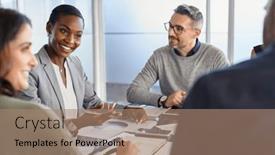  Presentation with new business ideas - Slide deck enhanced with smiling-black-businesswoman-discussing background and a coral colored foreground