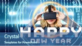  Presentation with glow - PPT theme consisting of smiling blond woman using virtual reality headset against blue technology design with glow background and a ocean colored foreground