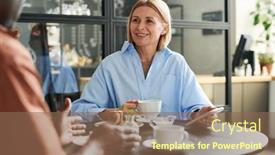  Presentation with lunch - Presentation theme enhanced with smiling-blond-woman-with-cup background and a violet colored foreground