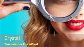  Presentation with eye glass - Cool new slide deck with smiling-blonde-holds-a-magnifying backdrop and a tawny brown colored foreground