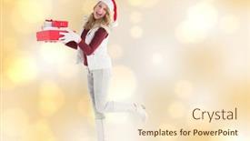  Presentation with light abstract - PPT theme enhanced with smiling blonde in warm clothing holding pile of gifts against yellow abstract light spot design background and a cream colored foreground