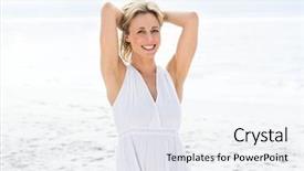  Presentation with white cctv camera on modern - Slide deck enhanced with smiling blonde in white dress background and a  colored foreground