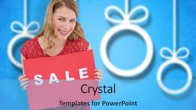  Presentation with christmas sale - Colorful slide deck enhanced with smiling blonde showing a red sale poster against blurred christmas background backdrop and a light blue colored foreground