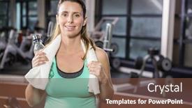  Presentation with gym - Slides consisting of smiling blonde standing with towel around neck at the gym background and a tawny brown colored foreground