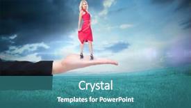  Presentation with blue green - Theme enhanced with smiling blonde turning against blue background and a  colored foreground