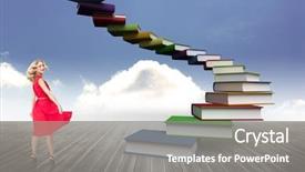  Presentation with book fair - Slide set with smiling blonde turning against book background and a gray colored foreground