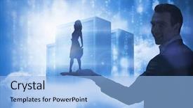  Presentation with data - PPT layouts consisting of smiling blonde turning against data background and a light blue colored foreground