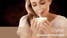  Presentation with beverage - Beautiful presentation design featuring smiling blonde with hot beverage relaxing against dark background backdrop and a coral colored foreground