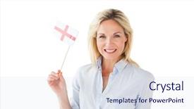  Presentation with english - Audience pleasing presentation theme consisting of smiling blonde woman holding english flag on white background backdrop and a sky blue colored foreground