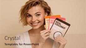  Presentation with masks - Slides enhanced with smiling-blonde-woman-holding-facial background and a coral colored foreground