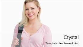  Presentation with shoulder - Slide deck with smiling blonde woman holding a shoulder bag with a tablet pc against a white background background and a white colored foreground