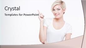  Presentation with finger - PPT theme featuring smiling blonde woman pointing finger up isolated on a white background background and a sky blue colored foreground
