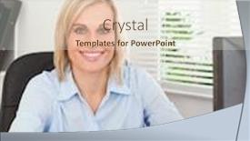  Presentation with woman office desk - Presentation having smiling blonde woman sitting behind a desk in an office background and a sky blue colored foreground