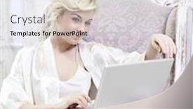  Presentation with baroque - PPT theme with smiling blonde woman sitting in baroque armchair using laptop computer wearing silk nightwear background and a sky blue colored foreground