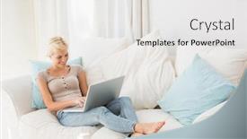  Presentation with social isolation - Slide set having smiling blonde woman using her laptop in the sofa at home in the living room working from home in quarantine lockdown social distancing self isolation background and a white colored foreground