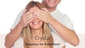  Presentation with eyes - Colorful PPT layouts enhanced with smiling boy covering his girlfriend's eyes to surprise him isolated on a white background backdrop and a coral colored foreground