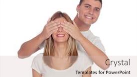  Presentation with eyes - Theme enhanced with smiling boy covering his girlfriend's eyes to surprise him isolated on a white background background and a soft green colored foreground