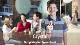  Presentation with ice cream cone - Audience pleasing PPT theme consisting of smiling boy holding vanilla ice cream cone in parlor backdrop and a violet colored foreground